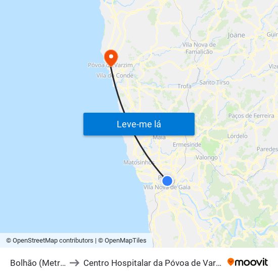 Bolhão (Metro) to Centro Hospitalar da Póvoa de Varzim map