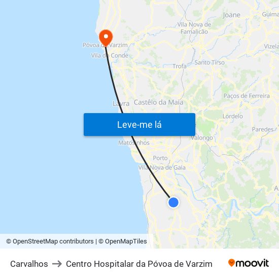 Carvalhos to Centro Hospitalar da Póvoa de Varzim map