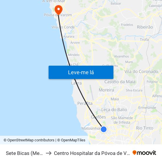 Sete Bicas (Metro) to Centro Hospitalar da Póvoa de Varzim map