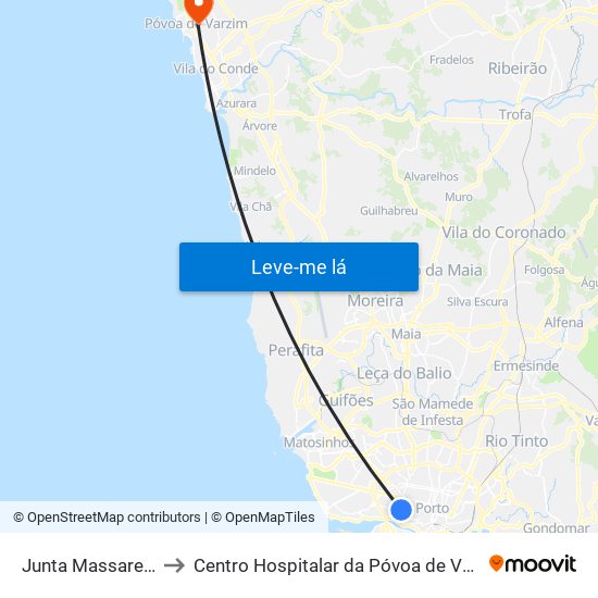 Junta Massarelos to Centro Hospitalar da Póvoa de Varzim map