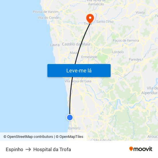 Espinho to Hospital da Trofa map