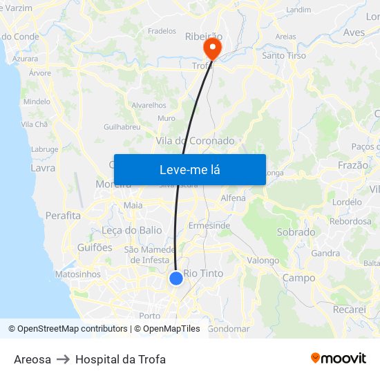 Areosa to Hospital da Trofa map