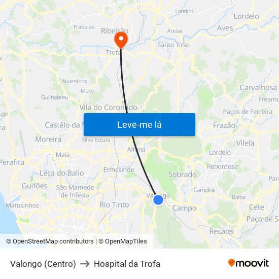 Valongo (Centro) to Hospital da Trofa map