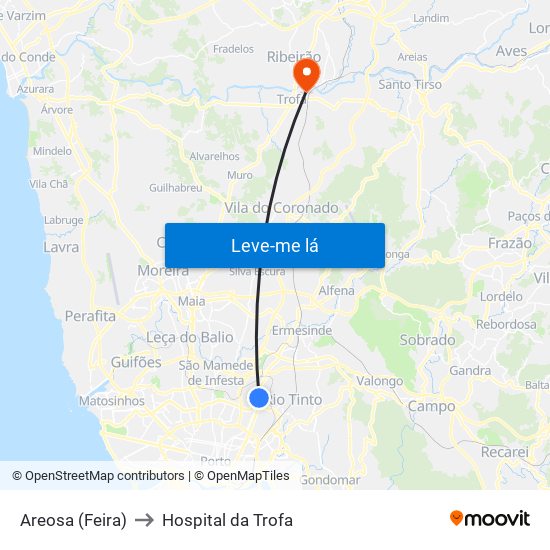 Areosa (Feira) to Hospital da Trofa map