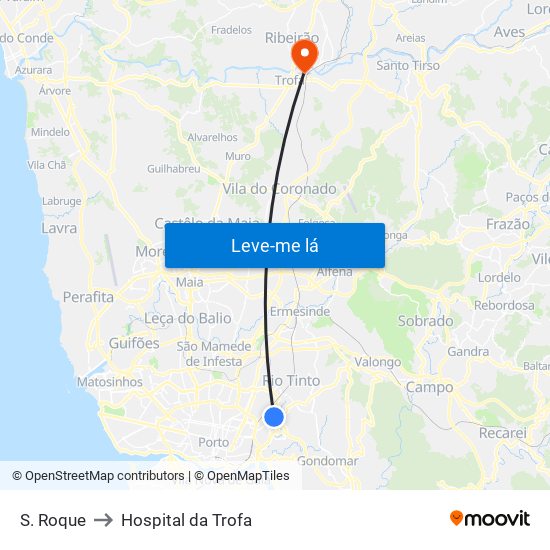 S. Roque to Hospital da Trofa map