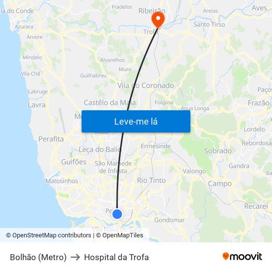 Bolhão (Metro) to Hospital da Trofa map