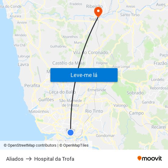 Aliados to Hospital da Trofa map