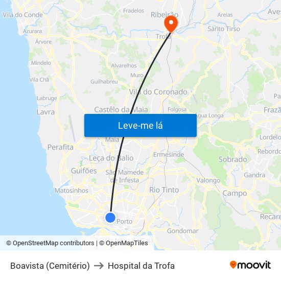 Boavista (Cemitério) to Hospital da Trofa map