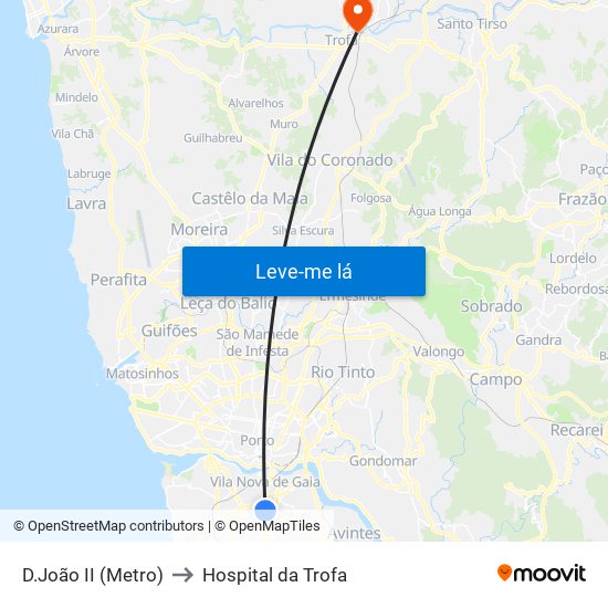 D.João II (Metro) to Hospital da Trofa map