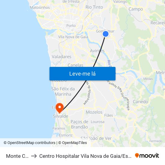 Monte Crasto to Centro Hospitalar Vila Nova de Gaia / Espinho - Unidade 3 map