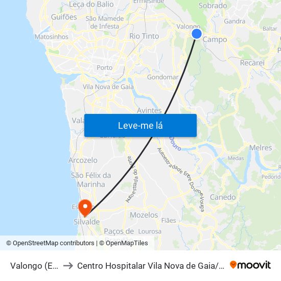 Valongo (Estação) to Centro Hospitalar Vila Nova de Gaia / Espinho - Unidade 3 map