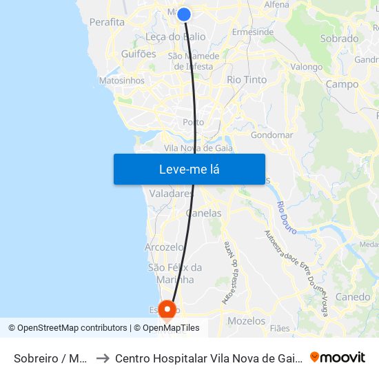 Sobreiro / Maia (Plaza) to Centro Hospitalar Vila Nova de Gaia / Espinho - Unidade 3 map