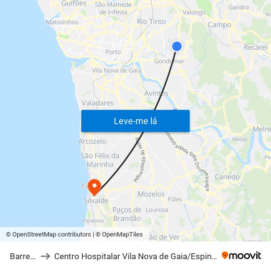 Barreiros to Centro Hospitalar Vila Nova de Gaia / Espinho - Unidade 3 map