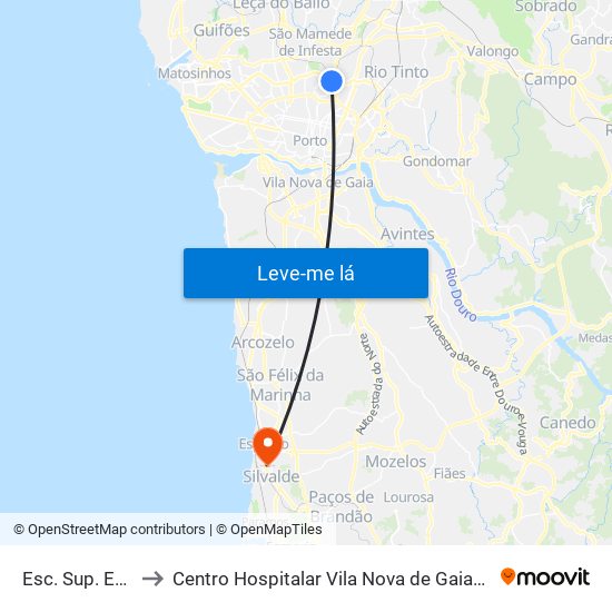 Esc. Sup. Educação to Centro Hospitalar Vila Nova de Gaia / Espinho - Unidade 3 map