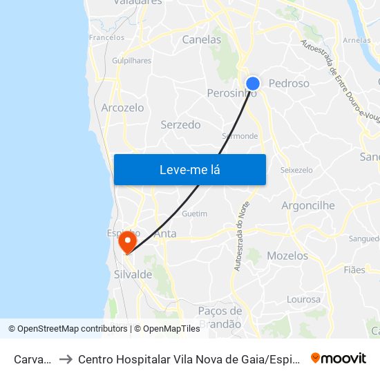Carvalhos to Centro Hospitalar Vila Nova de Gaia / Espinho - Unidade 3 map