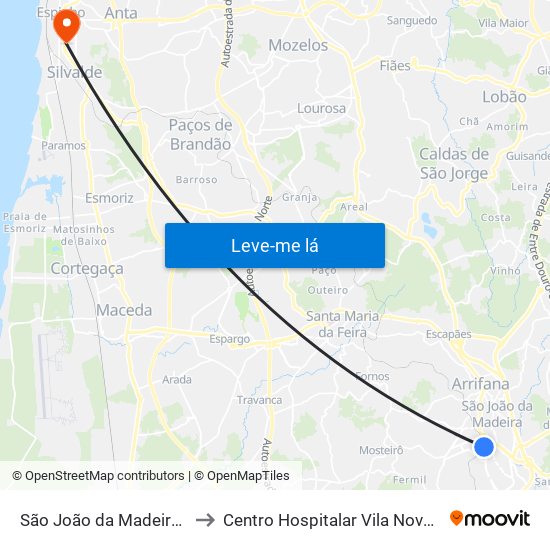 São João da Madeira (Terminal Rodoviário) to Centro Hospitalar Vila Nova de Gaia / Espinho - Unidade 3 map