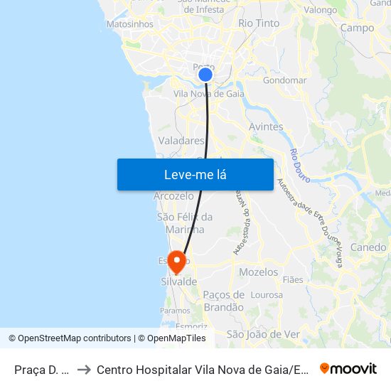 Praça D. João I to Centro Hospitalar Vila Nova de Gaia / Espinho - Unidade 3 map