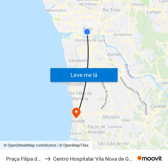 Praça Filipa de Lencastre to Centro Hospitalar Vila Nova de Gaia / Espinho - Unidade 3 map
