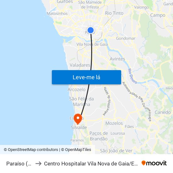 Paraíso (Metro) to Centro Hospitalar Vila Nova de Gaia / Espinho - Unidade 3 map