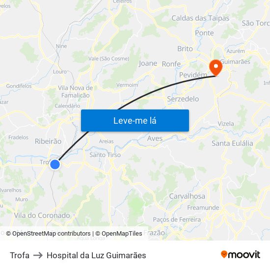 Trofa to Hospital da Luz Guimarães map