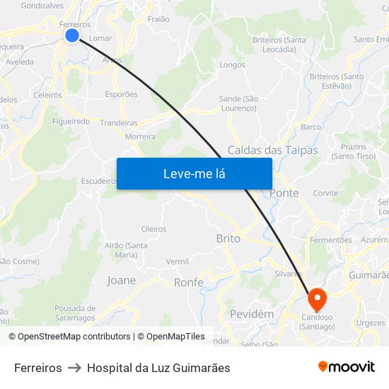 Ferreiros to Hospital da Luz Guimarães map