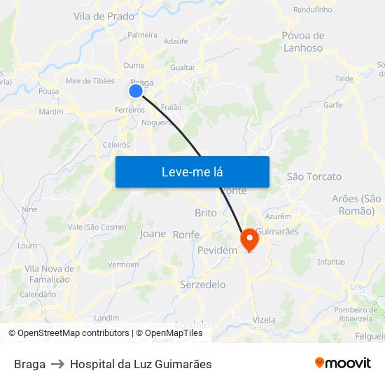 Braga to Hospital da Luz Guimarães map