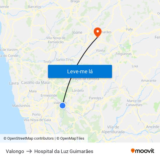 Valongo to Hospital da Luz Guimarães map