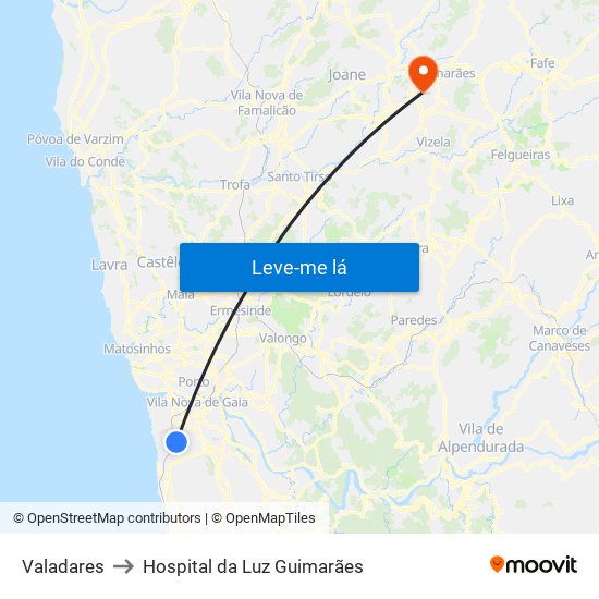 Valadares to Hospital da Luz Guimarães map
