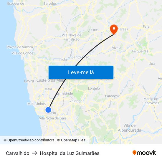 Carvalhido to Hospital da Luz Guimarães map
