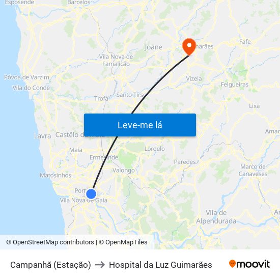 Campanhã (Estação) to Hospital da Luz Guimarães map