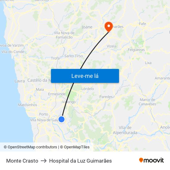 Monte Crasto to Hospital da Luz Guimarães map