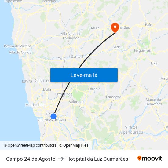 Campo 24 de Agosto to Hospital da Luz Guimarães map