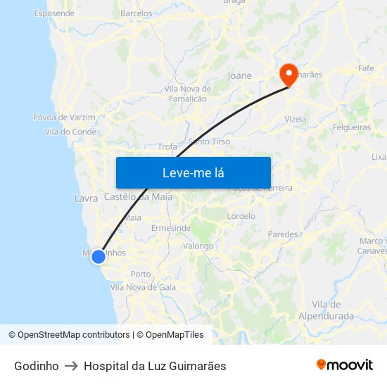 Godinho to Hospital da Luz Guimarães map