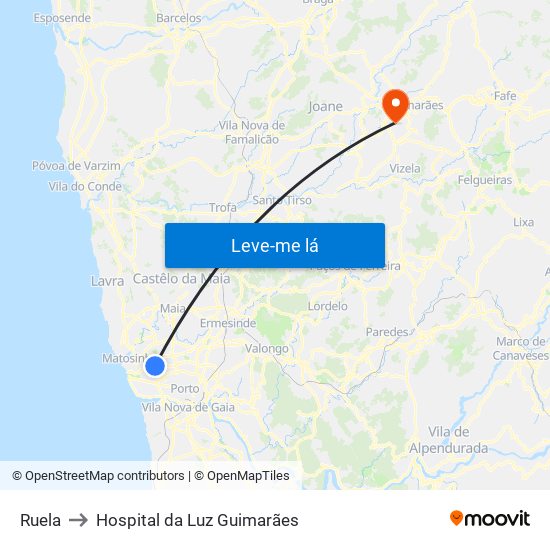 Ruela to Hospital da Luz Guimarães map