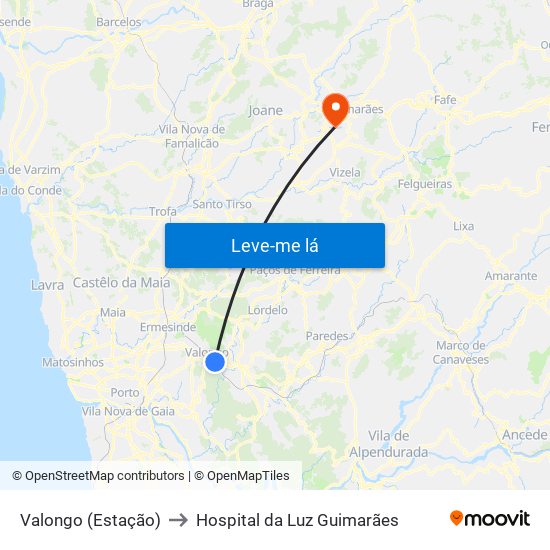 Valongo (Estação) to Hospital da Luz Guimarães map