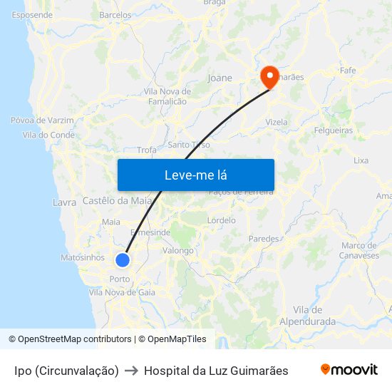 Ipo (Circunvalação) to Hospital da Luz Guimarães map