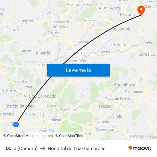 Maia (Câmara) to Hospital da Luz Guimarães map