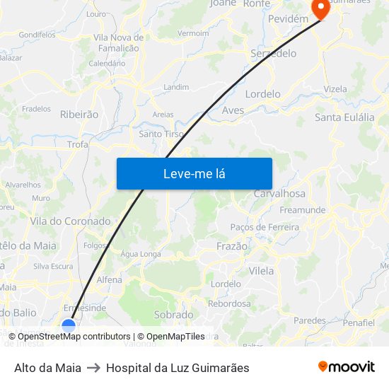 Alto da Maia to Hospital da Luz Guimarães map
