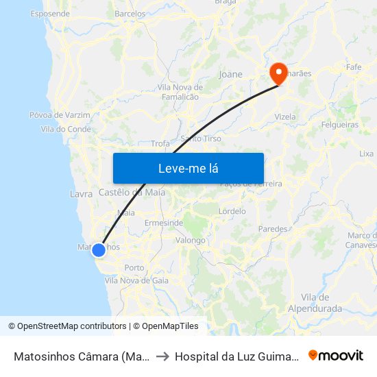 Matosinhos Câmara (Matc1) to Hospital da Luz Guimarães map