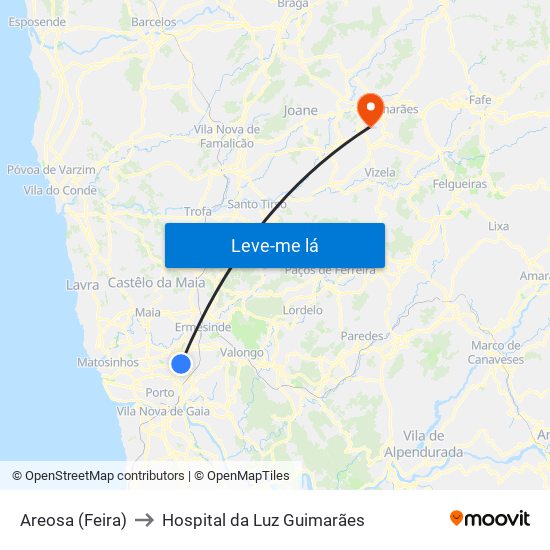 Areosa (Feira) to Hospital da Luz Guimarães map