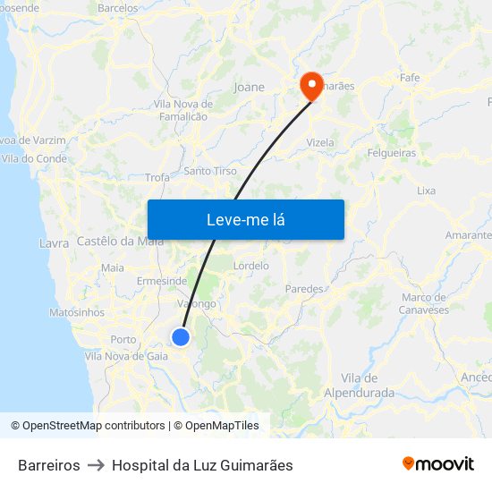 Barreiros to Hospital da Luz Guimarães map