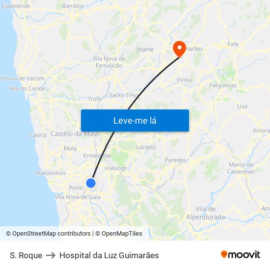 S. Roque to Hospital da Luz Guimarães map