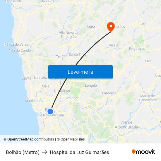 Bolhão (Metro) to Hospital da Luz Guimarães map