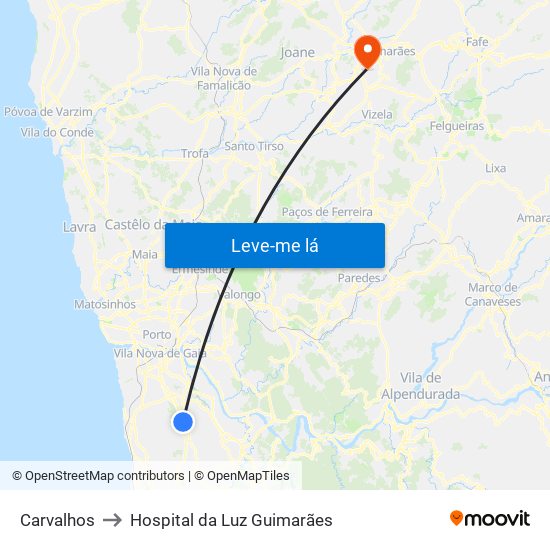 Carvalhos to Hospital da Luz Guimarães map