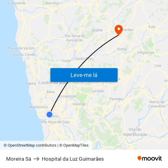 Moreira Sá to Hospital da Luz Guimarães map