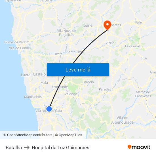 Batalha to Hospital da Luz Guimarães map