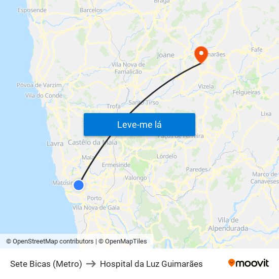 Sete Bicas (Metro) to Hospital da Luz Guimarães map