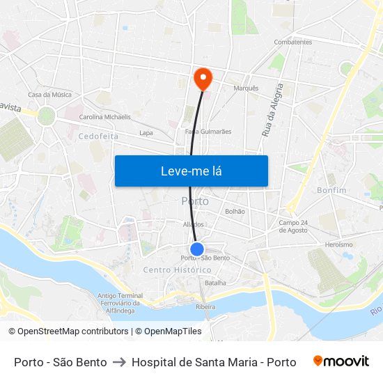 Porto - São Bento to Hospital de Santa Maria - Porto map
