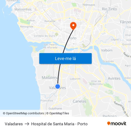 Valadares to Hospital de Santa Maria - Porto map