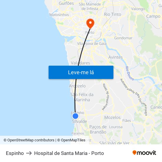 Espinho to Hospital de Santa Maria - Porto map
